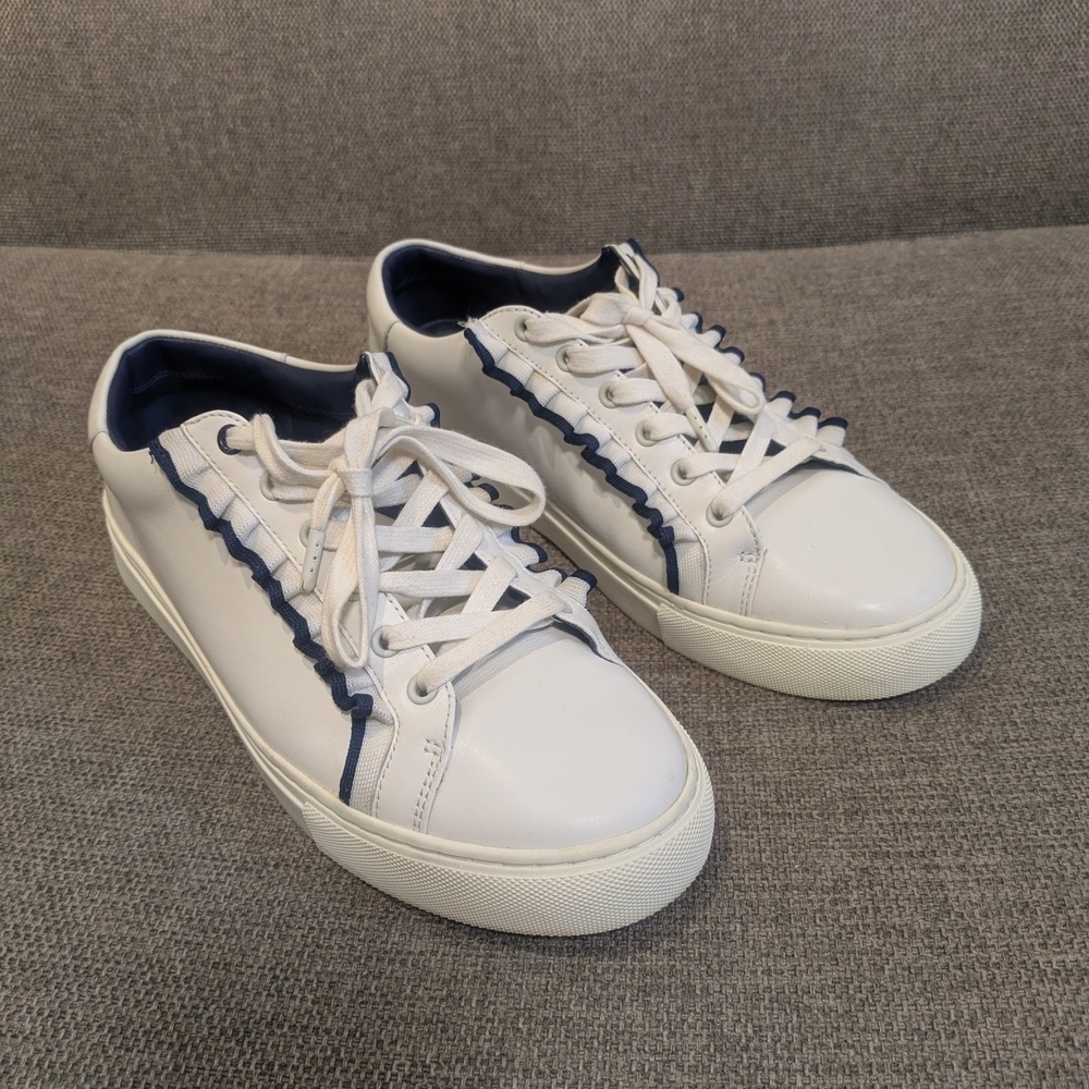 Tory Burch Sport White & Blue Leather Sneakers | Minimalist Casual Shoes - Picture 7 of 12